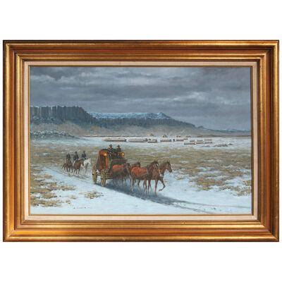 Brown and Blue Toned Western Stagecoach Realistic Landscape by B. Adams