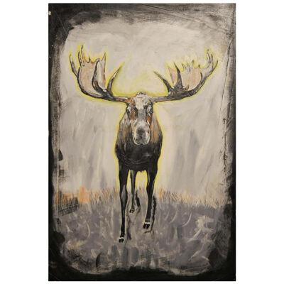 Contemporary Abstract Black and Yellow Figurative Moose Animal Painting 2019