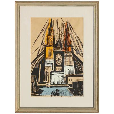 "Chartres" Orange, Yellow, and Blue Contemporary Gothic Cathedral Lithograph