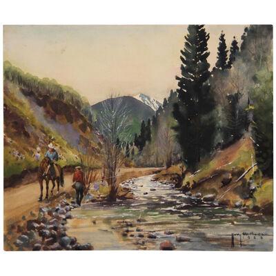 Harry Worthman Untitled Mountain River Watercolor Landscape Painting 1964
