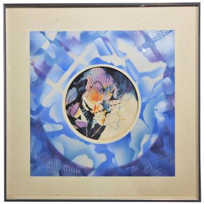 1970s "Circle, Sky and Fire" Surrealist Abstract Watercolor Painting
