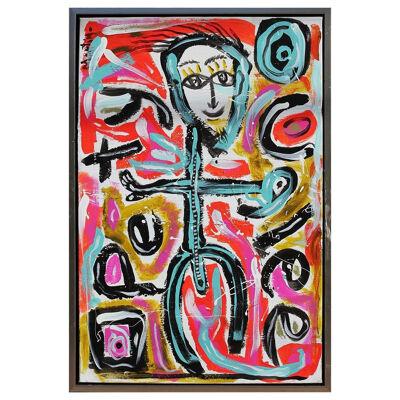"Perty Uglee" Orange, Blue, Pink & Yellow Abstract Expressionist Figure Painting