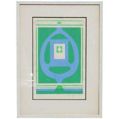 "Trinity" Geometric Green and Blue Tonal Modern Abstract Serigraph 1970s