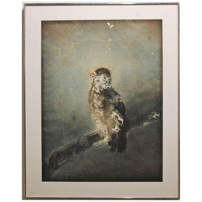 "Falcon on Branch" Grey Tonal Painting Mid 20th Century