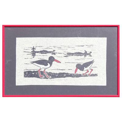 1990s Modern "Oyster Catchers" Bird Block Print in Red Frame