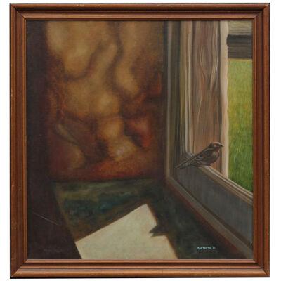 1980s Surrealist Interior Window Scene with Bird Signed Mantooth