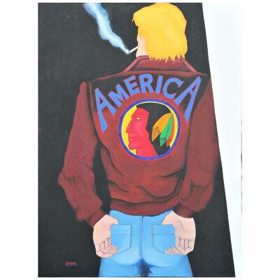 1980s "America" Pop Art Portrait Acrylic Painting of a Man Smoking by R. Sandman