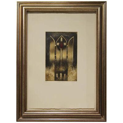 1996 “Centre Cross” Abstract Metallic Etching by Sharon Kopriva, Framed