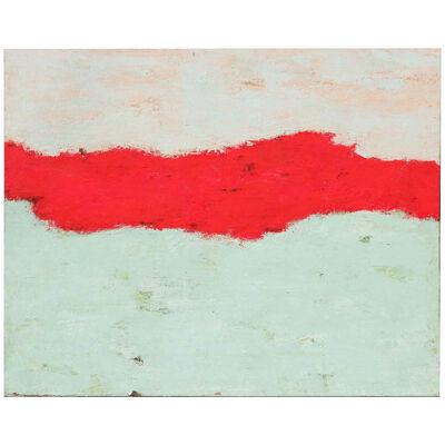 Late 20th C. White, Red, and Light Blue Horizontal Abstract Acrylic Painting