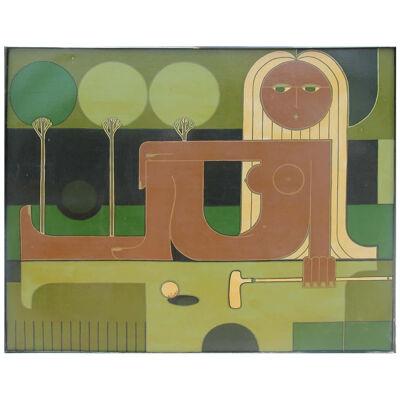 1970s Modernist Female Nude Golf Course Painting by James Q. Lamson, Framed