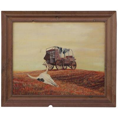 Mid Century Warm Toned Naturalistic Western Landscape with Wagon and Cow Skull