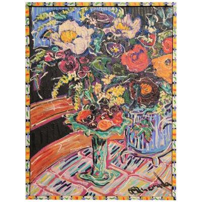 Maureen Quemada Colorful Abstract Floral Still Life Painting with Painted Frame