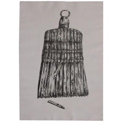 Surrealist Pena and Ink Drawing of a Broom in the Style of Avigdor Arikha MId 20