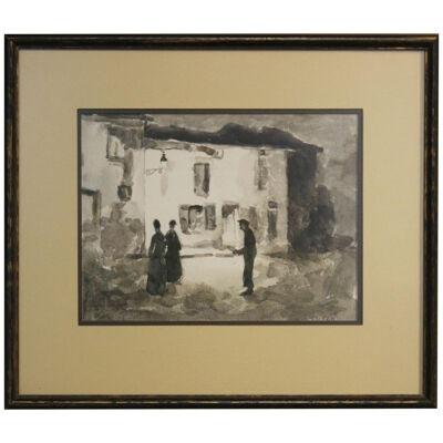 Monochromatic Street Scene with Women and a Beggar Framed Watercolor 1950s