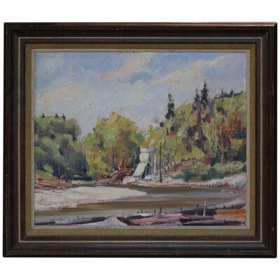 Impressionist Summer River Landscape with Boats Mid Century Oil Painting