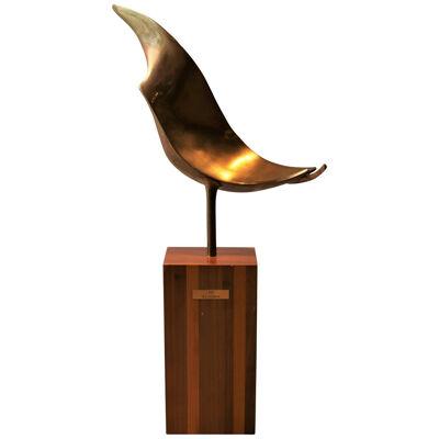 "Bird" Abstract Bronze Sculpture with Wooden Base