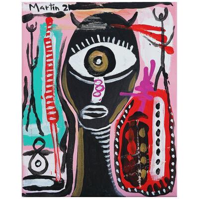 Square Contemporary Abstract Portrait of a One Eyed Monster in Pink Background