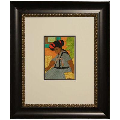 N Mayes Watercolor Portrait of Seated Female in Blue Dress & Black + Red Hat 90s