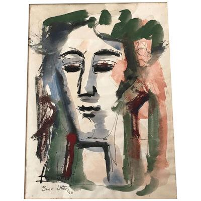 1960s Modern Abstract Watercolor Bust Portrait