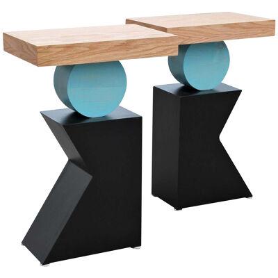 Postmodern Geometric Handmade Blue and Black Side Tables - a Pair