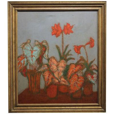 Late 20th Century Impressionist Still Life with Lilies and Colocasia Plants