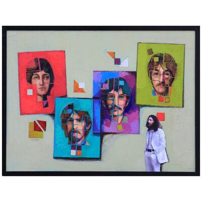 Colorful Abstract Modern Original Beatles Portrait Painting with Collage 