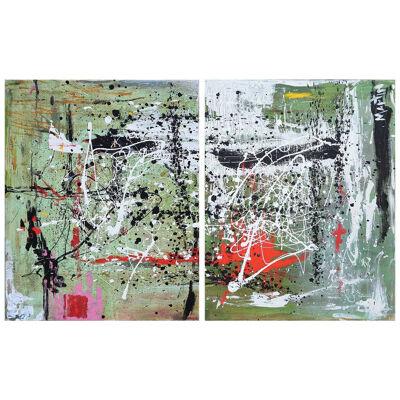 Contemporary Abstract Expressionist Green, White, and Red Diptych Painting