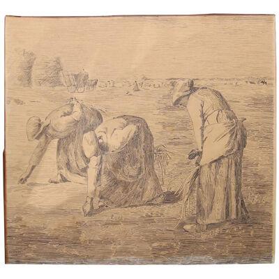 Jean-François Millet - After "The Gleaners" Ink Drawing Painting Study