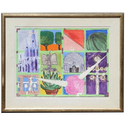 20th C "San Miguel De Allende" Abstract Landscape Painting by F Kalmbach, Framed
