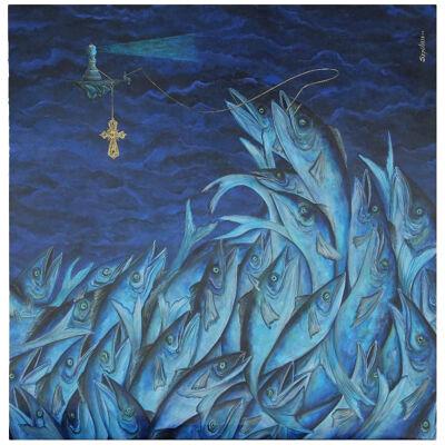 Benjamin Sepulveda "Tsunami" Surrealist Blue Tonal Ocean Painting 2016
