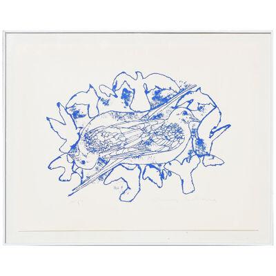 Blue and White Abstract Doves Monoprint by Charles Schorre