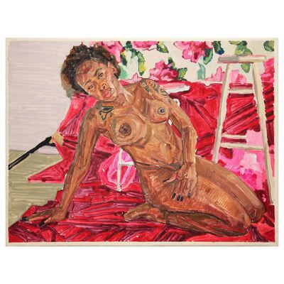 "Andi" Pink-Toned Floral Black Female Nude Monotype Print