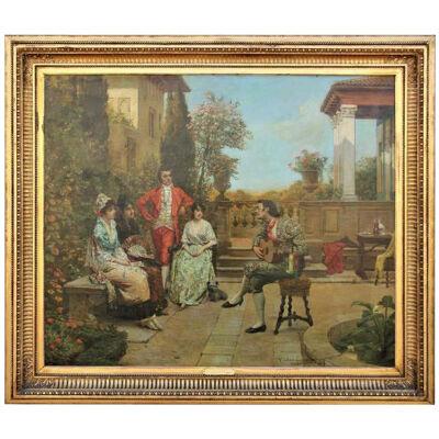 "The Private Audience" Spanish Realist Painting of Musician Serenading a Group