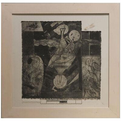 "Inconceivable Weaving" Abstract Print Embellished with Beads and Feathers 1990s