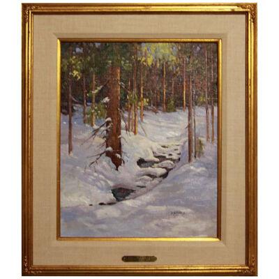 Mid 20th Century "Winter Patterns" Snowy Forest River Landscape Painting by Dori