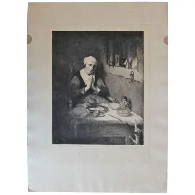 1910s Traditional Portrait of an Elderly Woman Praying at a Table Etching