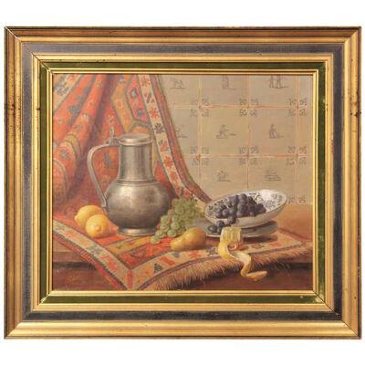 E P Moleveld- Still Life Painting of a Water Jug, Fruit, and Tapestry Mid 20th C