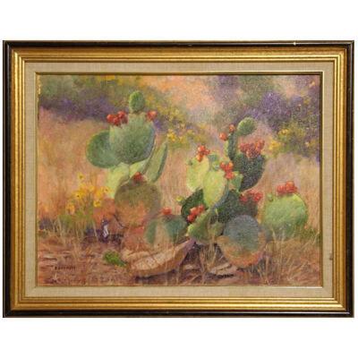 E.Barrett Pink, Purple, and Green Toned Flowering Cacti Desert Painting
