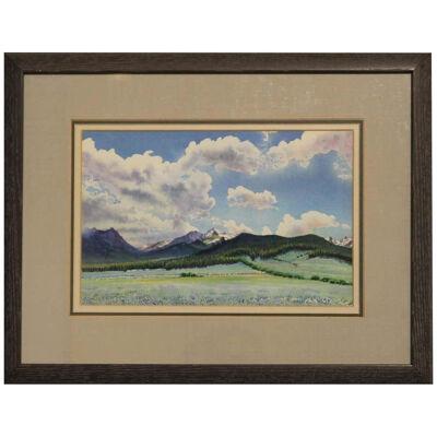 David Newton Blue Toned Watercolor Landscape Painting of Mountains at Longs Peak