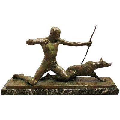 "Hunter" Figurative Bronze Sculpture with Marble Base 1930s