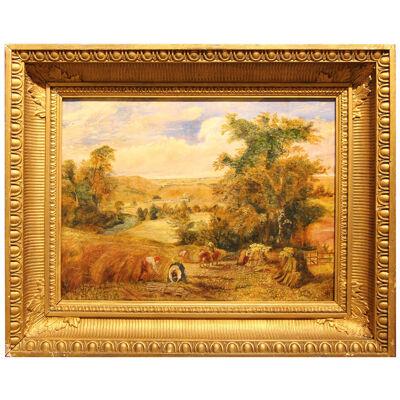 Naturalistic Wheat Harvest Landscape Painting of Gleaners in a Field