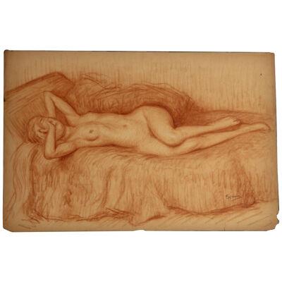 1950s Reclining Nude Woman Covering Her Face Figurative Sketch
