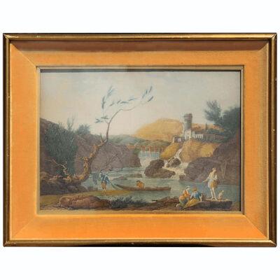 19th C Neoclassical Revival Landscape Engraving of Fishermen - J. Vernet, Framed