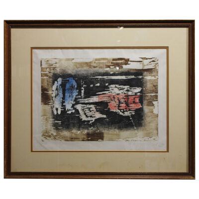 Red and Blue Abstract Expressionist Lithograph with Brown and Black Tones 1960