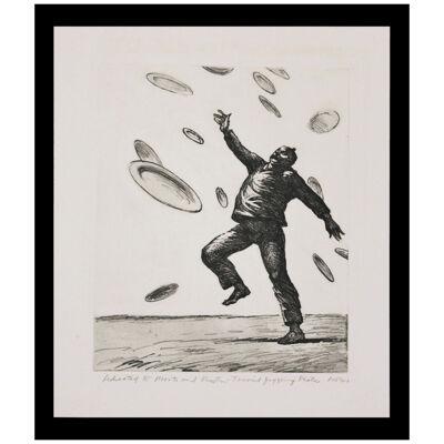 Figure Juggling Plates Naturalistic Surrealist Lithograph 1990s