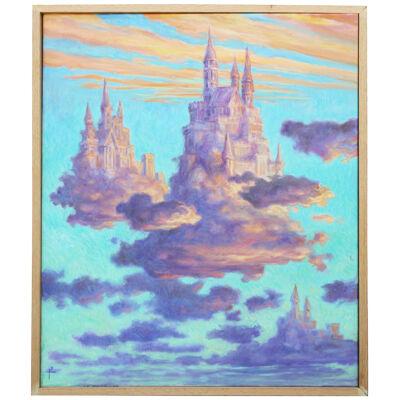 "Pastel Castle in the Sky" Soft Hued Contemporary Surrealist Landscape Painting