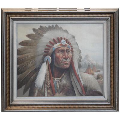 R Boren "Native American Chief" Realism Portrait Oil Painting Late 19th C