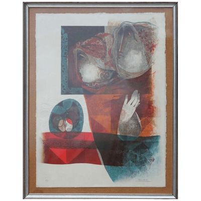 A S Munoz-Ramos Modern Abstract Embossed Lithograph of Two Figures 20th C
