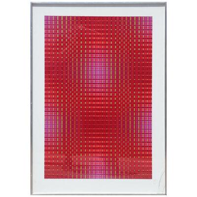 Red Tonal Geometric Abstract Lithograph In the Style of Victor Vasarely MId Cent