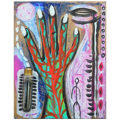 Contemporary Abstract Surrealist Found Object Painting of a Red and Green Hand